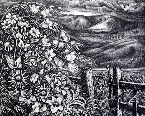 Robin Tanner (1904-1988) August in Wiltshire, 1976 overall 15 x 16in.